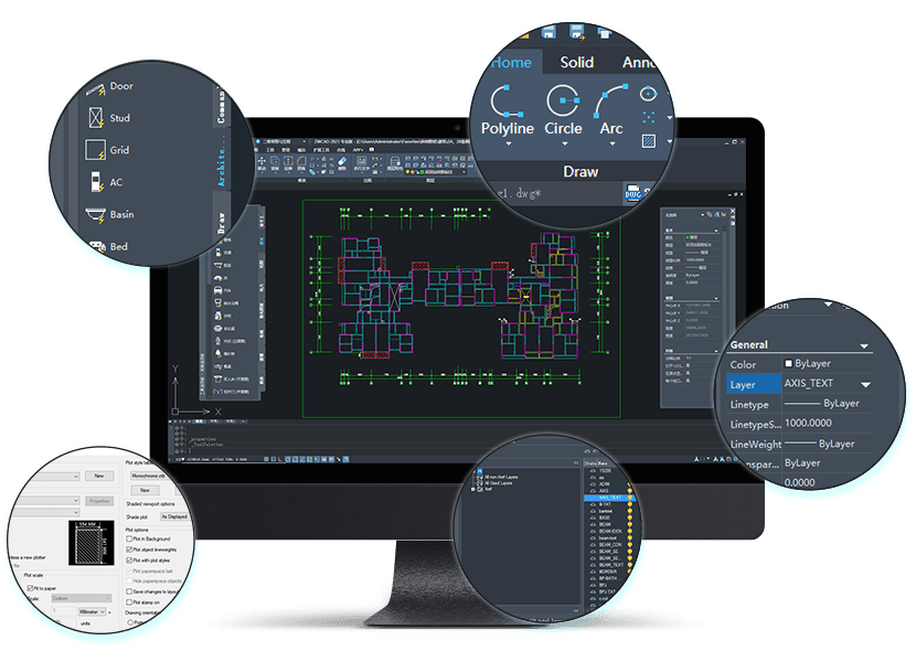 Monitor de computadora mostrando una interfaz de software CAD con herramientas de diseño detalladas y elementos resaltados en círculos de lupa.